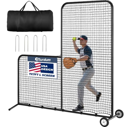 7x7ft Baseball L Screen with Wheels - Pitcher Protector Net