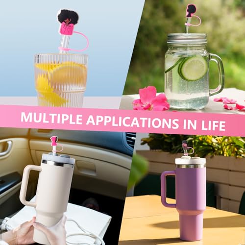 Cute Black Girl Straw Cover Caps - 6 Pcs Pink & Black Set for Stanley Cups