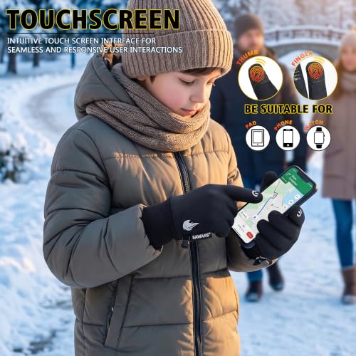 Kids Thermal Cycling Gloves - Windproof Touchscreen Mitts, L (9-10 Years) Black