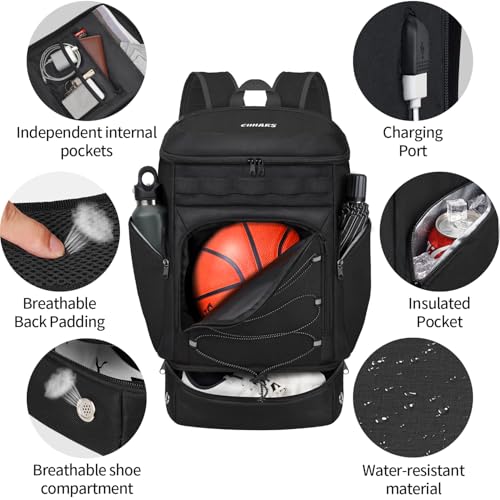 Basketball Backpack with Ball Holder & Shoe Compartment - Black
