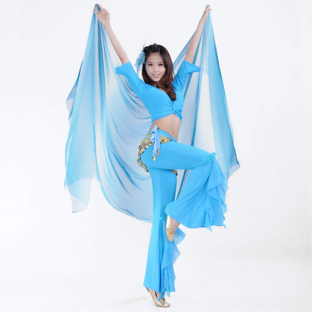2Pcs Silk Veils Poi Chain Balls Women Belly Dance Poi Streamer Throw Ball for Party (Lakeblue White)