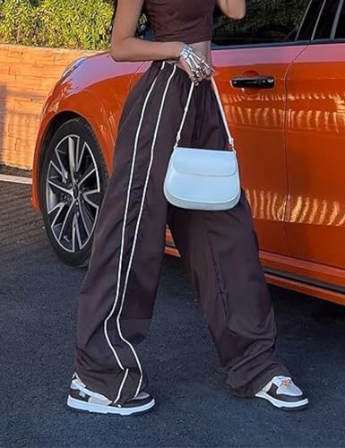 Women's Parachute Pants Wide Leg Baggy Joggers - Y2K Elastic Waist Streetwear - Medium Coffee