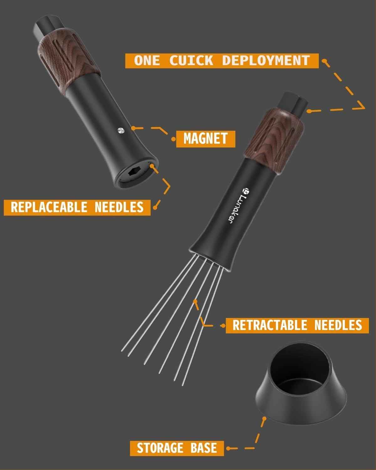 Lunaker Flick WDT Espresso Distribution Tool - Tamper With Retractable Needles - Coffee & Espresso Machine Accessories
