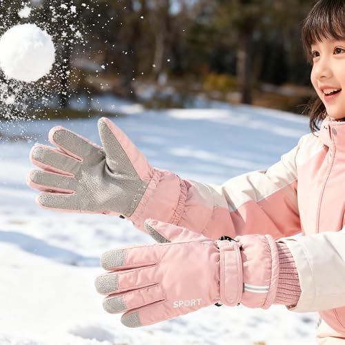 Kids Windproof Ski Gloves - Water-Repellent Mittens, 5-10 Years - Pink Star