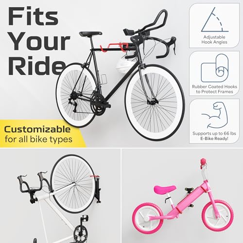 2 Pack Wall Mount Bike Rack Garage - Mountain Bike Wall Mount Horizontal Vertical Design with 66lbs Cap, Screws, Installation Manual - Secure Road Cycling Holder Storage, Bicycle Hanger for Home