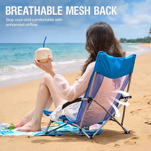 Old Bahama Bay Blue Folding Beach Chair 2 Pack - Low Profile Outdoor Camping & Sand Lounge Chairs with Cup Holder & Mesh Back, Supports 350lbs