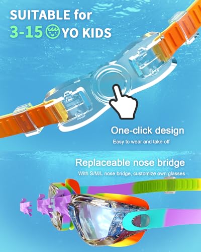 Hurdilen Mirrored Rainbow Kids Swimming Goggles with Nose Clip & Earplugs - Age 3-15