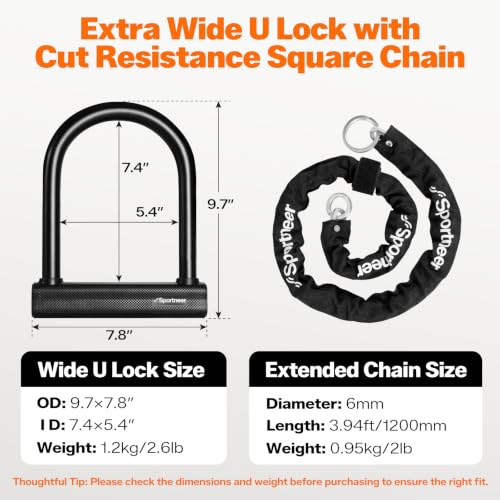Heavy Duty Bike Lock with 3.94ft Chain, U Lock & Mounting Bracket, Anti-Theft Security