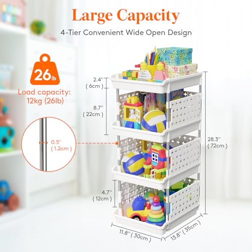 Lifewit Plastic Stackable Storage Baskets, 4 Tier Stacking Bins 13.8"D x 11.8"W x 28.3"H, Large Capacity Multi-Functional Containers Shelves for Pantry, Playroom, Kitchen and Bedroom, 1 Pack, White
