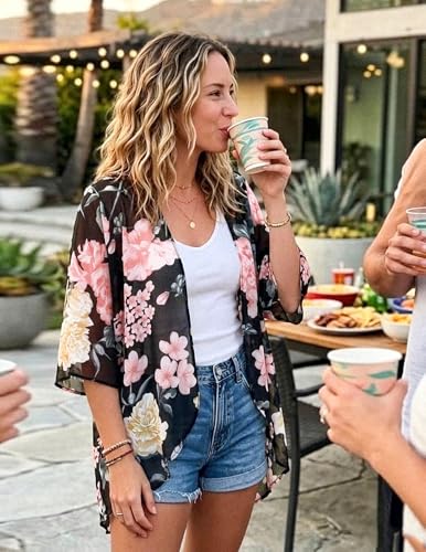 Chiffon Kimono Cover Up - Casual Open Front - Floral Black, Small
