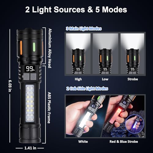Flashlights High Lumens Rechargeable 3 Packs, 900,000L Led Flashlight Battery Powered with 5 Light Modes, Side Light, USB C, Zoomable, Blue & Red Strobe, Handheld Flash Lights