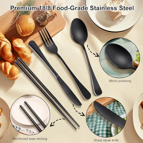 5-Piece Stainless Steel Travel Utensils Set with Carrying Case - Black