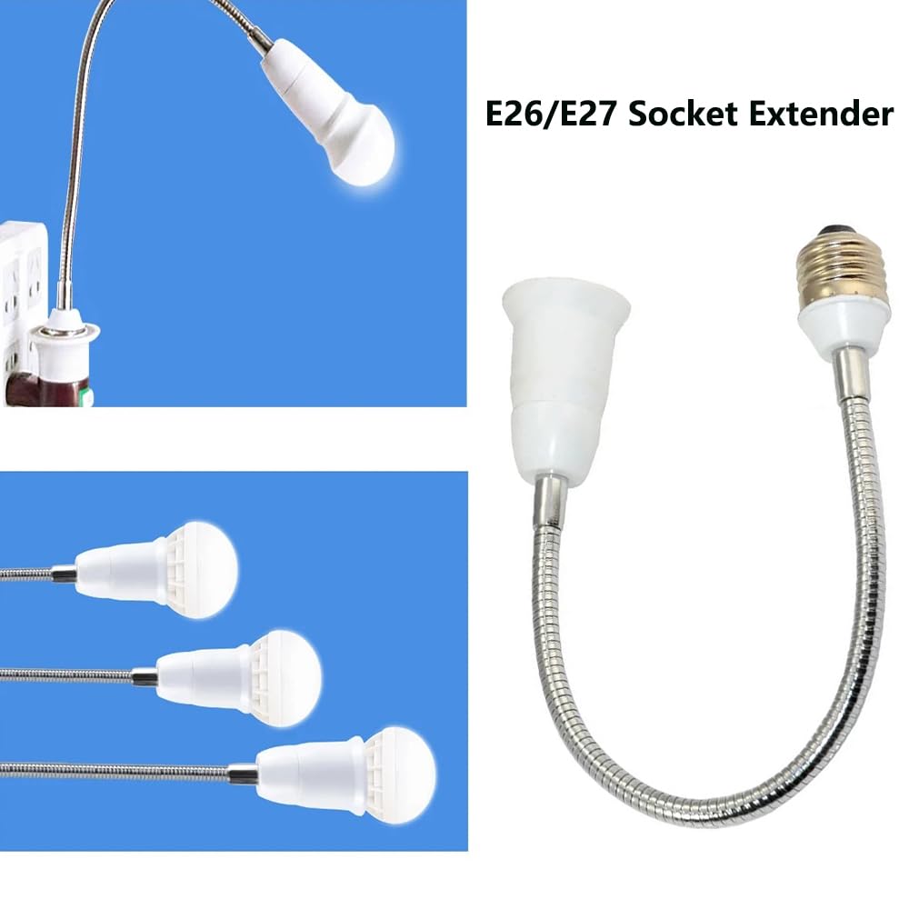 E26/E27 Light Socket Extender Adapter, 30cm/12 inch Light Bulb Extension,E26 to E26 Flexible Extension,360° Bendable Adjustable Standard E26/E27 Bulb Screw Base Extender Adapte,White (2 Pack)