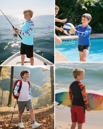 Boys UPF 50+ Long Sleeve Rash Guard, UV Sun Protection Swim Shirt
