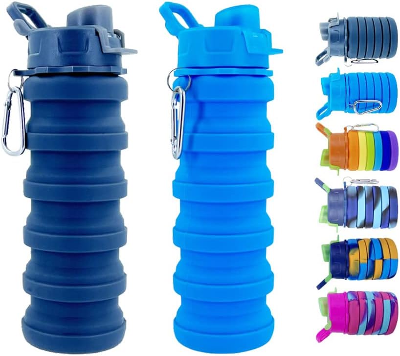 Skiennix Collapsible Water Bottles - 2 Pack Silicone Design with Carabiner | 500ml Portable for Travel & Camping (Black & Blue)