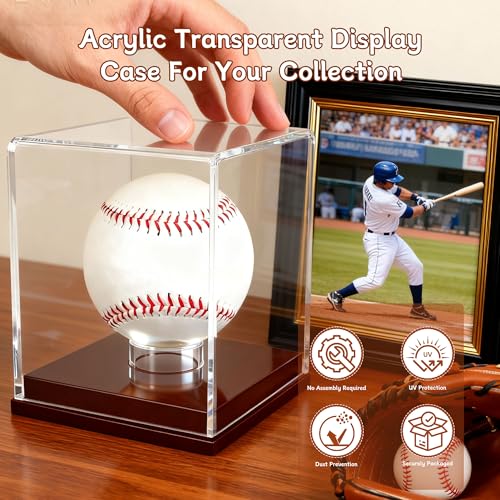 Baseball Display Case - Clear Acrylic Cube with Wooden Base