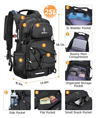 Hydration Hiking Backpack with 3L Water Bladder - 25 Liters, Black