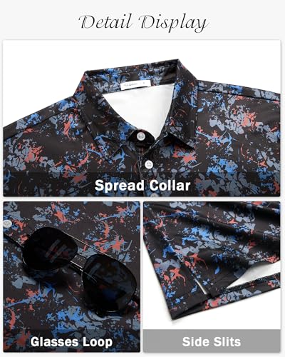 Hawaiian Golf Polo Shirt for Men - Short Sleeve, Large Black Multi Splatter