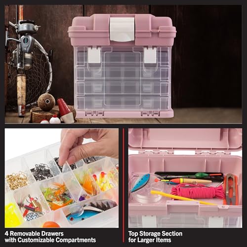 Portable Tool Box - Small Parts Organizer with Drawers and Customizable Compartments for Hardware, Fishing Tackle, Beads, or Crafts by Stalwart (Pink)