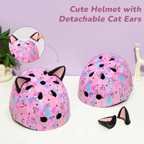 Kids Bike Helmet with DIY Cat Ears - Pink Hearts / Small 3-8