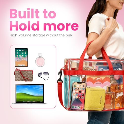 Clear Stadium Approved Tote Bag with Zipper Strap - Red