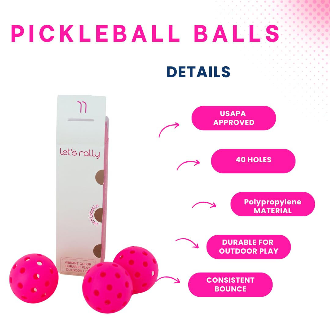 Let's Rally Pack of 3 Hot Pink Pickleball Balls – USAPA Approved, Durable Outdoor & Indoor Pickleball Balls with Precision Holes.
