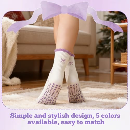 Pilates Socks for Women - Cute Ruffle & Embroidery, 5 Pairs - Red, Pink, Yellow, Purple, Brown
