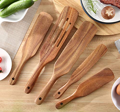 QWKIT 5Pcs Natural Teak Wood Spurtle Set - Nonstick Kitchen Utensils for Cooking