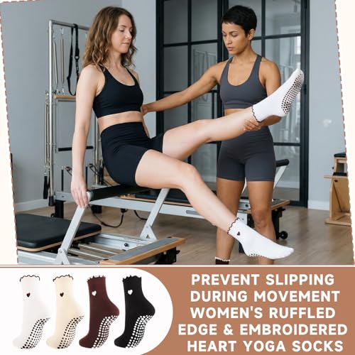 Non-Slip Pilates Socks for Women - Cotton Grip Socks, Morandi Heart - 4 Pack