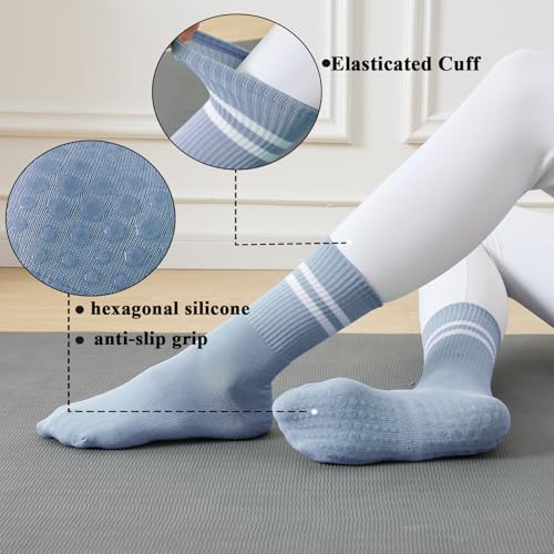 Non-Slip Pilates Socks for Women - 2 Pairs with Toe Grips - Blue