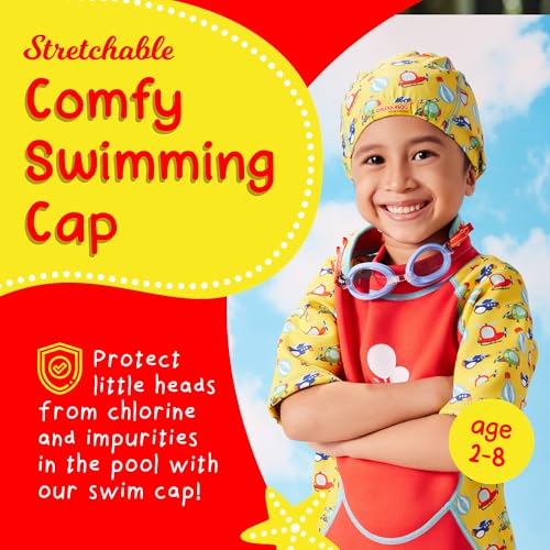 Kids Swim Cap - Soft Stretch Spandex Quick-Dry Fabric - Yellow Transportation