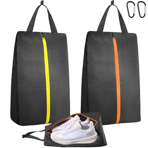 TOBWOLF 2PCS Golf Shoe Bags Water-Resistant Smelly Cleats Storage Black-Orange & Black-Yellow
