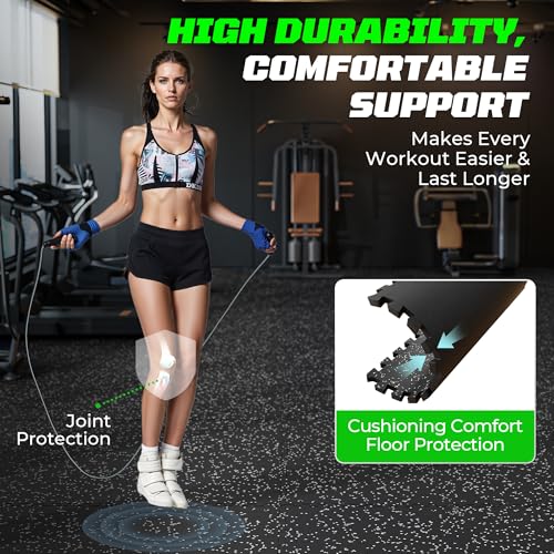 Heavy Duty Gym Mats - 12 Interlocking Rubber Tiles, 48 Sq Ft, Black/Grey