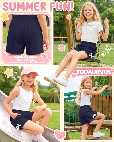 Girls Quick-Dry Athletic Shorts - Navy Blue, 9-10 Years