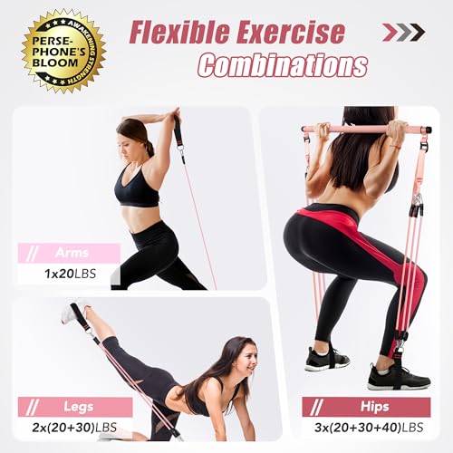 Pilates Bar Kit with Resistance Bands - Rose Pink for Full-Body Workouts