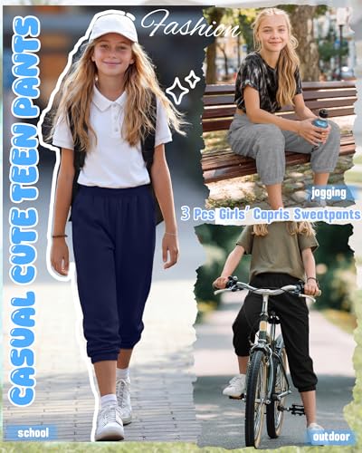 3 Pcs Girls' Capris Sweatpants - Black, Light Heather Gray, Navy Blue