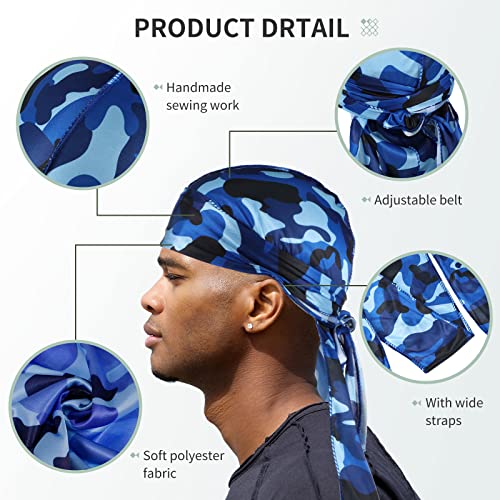 Tarpop 6-Pack Camouflage Durags for Men Silky Long Tail Hats