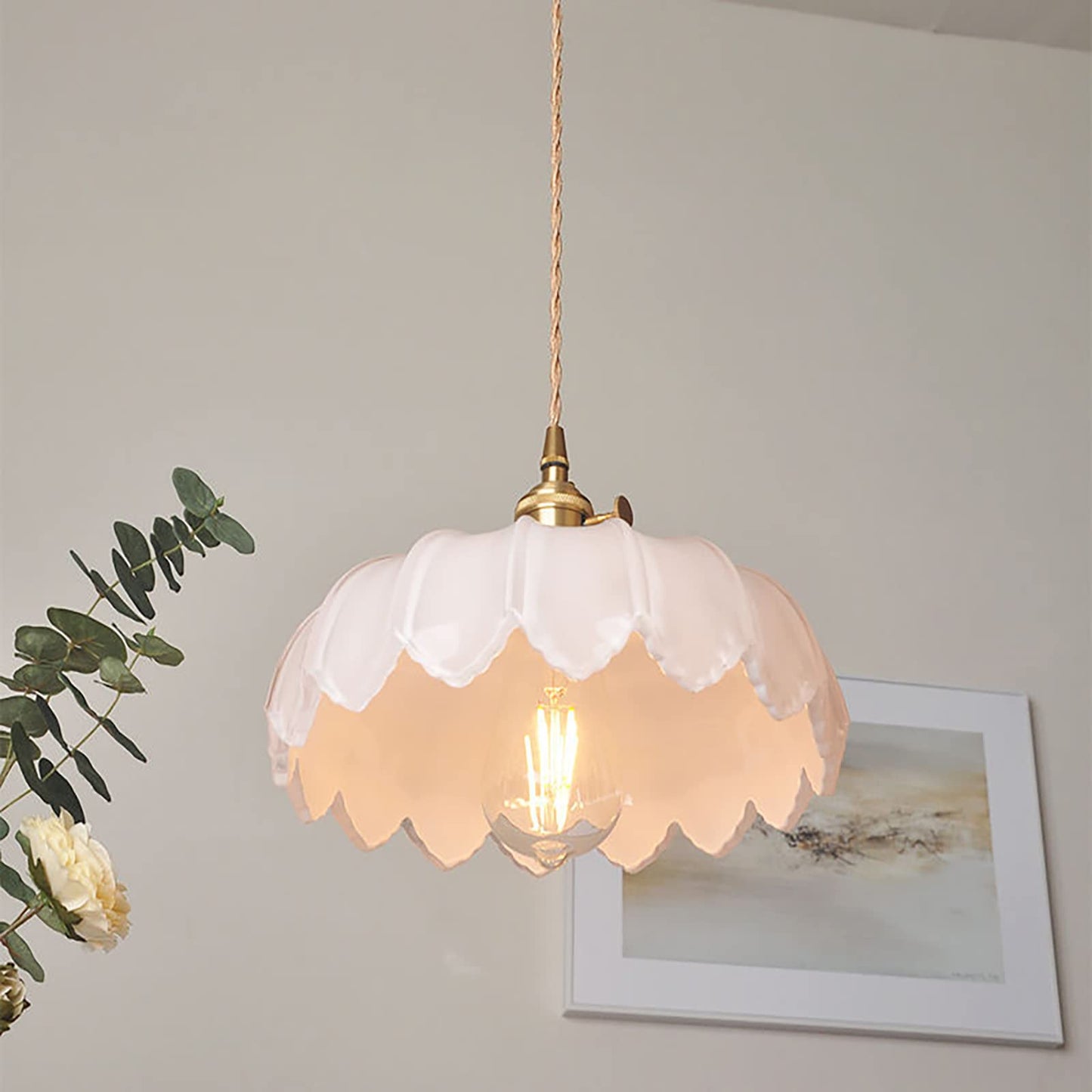 LOTREE Milk White Glass Pendant Light Fixtures Medium 9.8 Inches Lampshade Gold Brass Finish and Switch Vintage Pendant Ceiling Lamp Copper Pendant Lighting (Milk White)