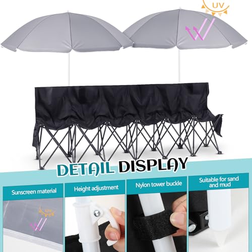 6 Seat Portable Folding Soccer Bench with Umbrella - Black