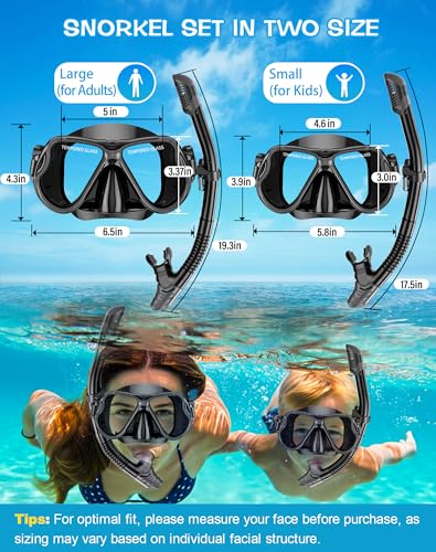 Greatever Snorkeling Mask Set for Adults & Kids, Anti-Fog Dry Snorkel, Black Green, Large