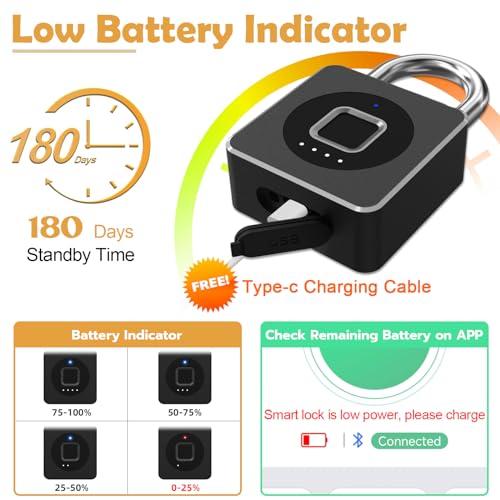 Pothunder Fingerprint Padlock with APP, Keyless Biometric Lock, Smart Waterproof Padlock Suitable for Gym, Locker, Gates, Fence and Storage