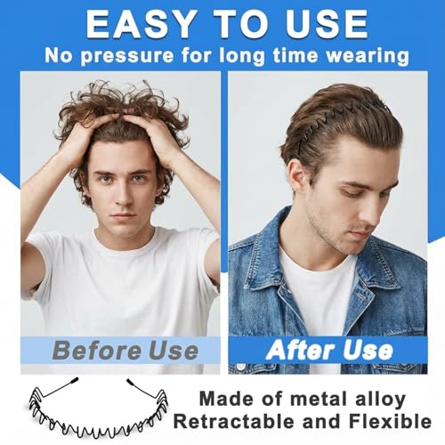 Kelubatu Metal Headband for Men, Non-Slip Adjustable 6 Pcs (Black-F)