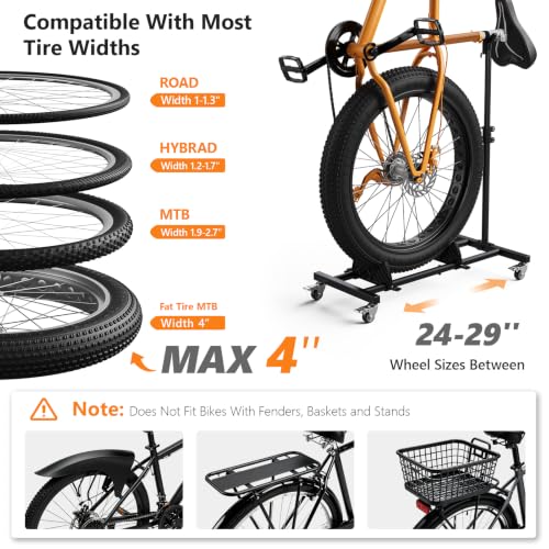 Black 1 Pack Vertical Bike Stand with Wheels, Adjustable Indoor Bicycle Storage Rack for Road, MTB & Hybrid Bikes up to 29"