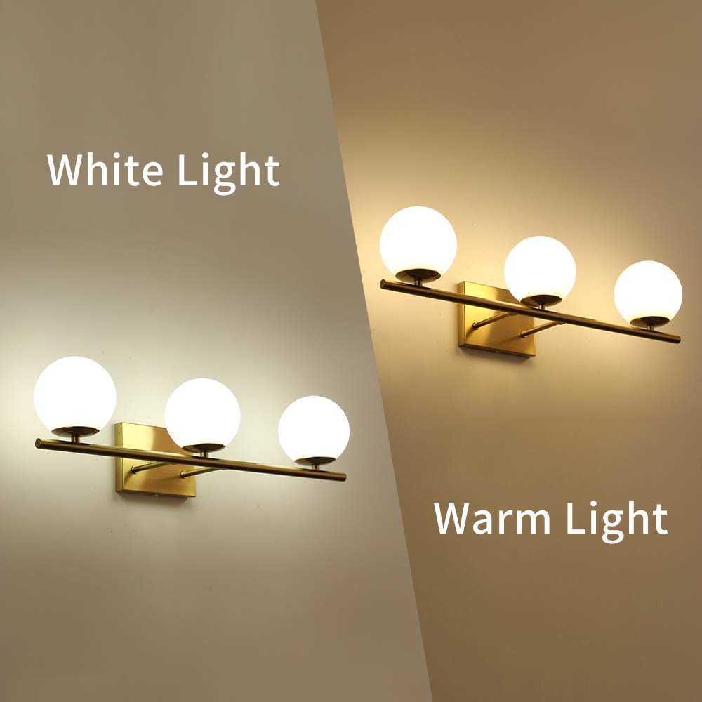 YHTlaeh New Bathroom Vanity Light 3 Lights Fixtures Brushed Brass Milk White Globe Glass Shade Modern Wall Bar Sconce Over Mirror (Exclude G9 Bulb)