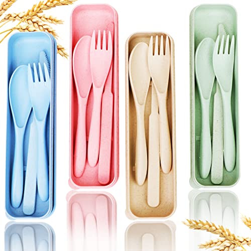 Reusable Travel Utensils Set with Case - 4 Sets in Green, Beige, Pink, Blue