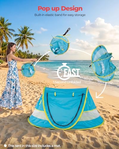 Large Deluxe Blue Baby Beach Tent with UPF 50+ Sun Shelter & Mosquito Net - Portable Pop Up Kids Travel Tent with Carry Bag & Stakes