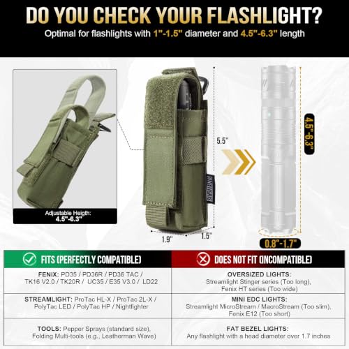 Onetigris Green Molle Flashlight Holster 500D Nylon Tactical Pouch Belt Carry