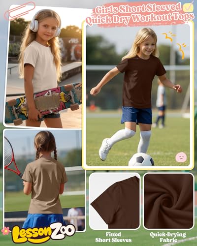 Girls' Athletic Shirts - 4 Pack, Light Khaki/Khaki/Brown/Black, 9-10 Years