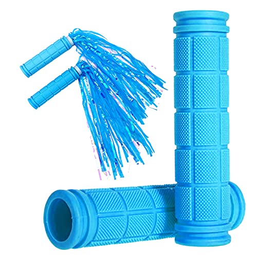 Bike Handlebar Grips with Blue Tassel Streamers - 4.7"