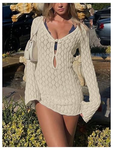 MakeMeChic Women's Beach Cover Up Crochet Mini Dress Small Apricot